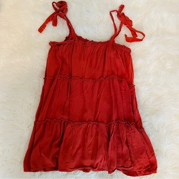 LE LIS Mini Dress Never Let You Down Rust Orange Tie-Strap Tiered Bow - Picture 8 of 8